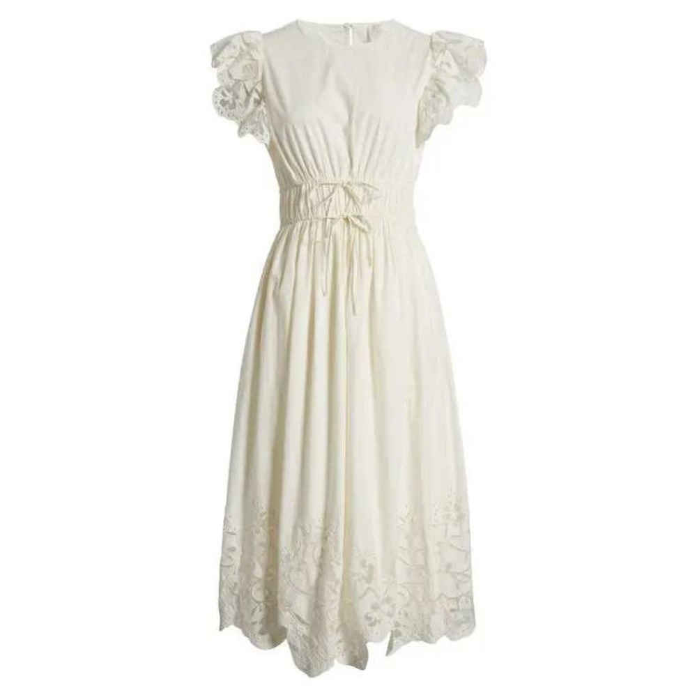 CLEOBELLA Allegra Drawstring Waist Ivory Organic Cotton Eyelet Midi Dress S NWT